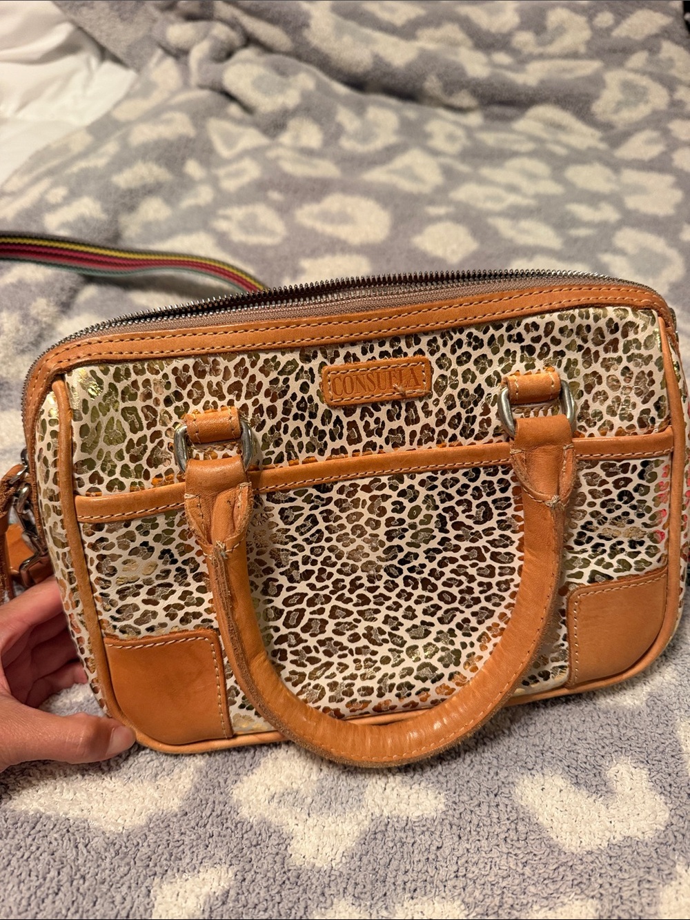 Consuela Leopard-Print Satchel with Tan Leather Trim